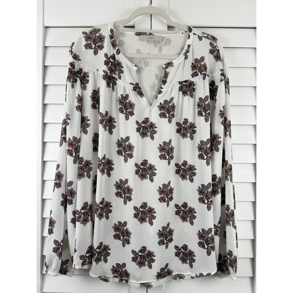 Loft Blouse XXL White Floral Mixed Media Long Sleeve‎ Split Neck Top